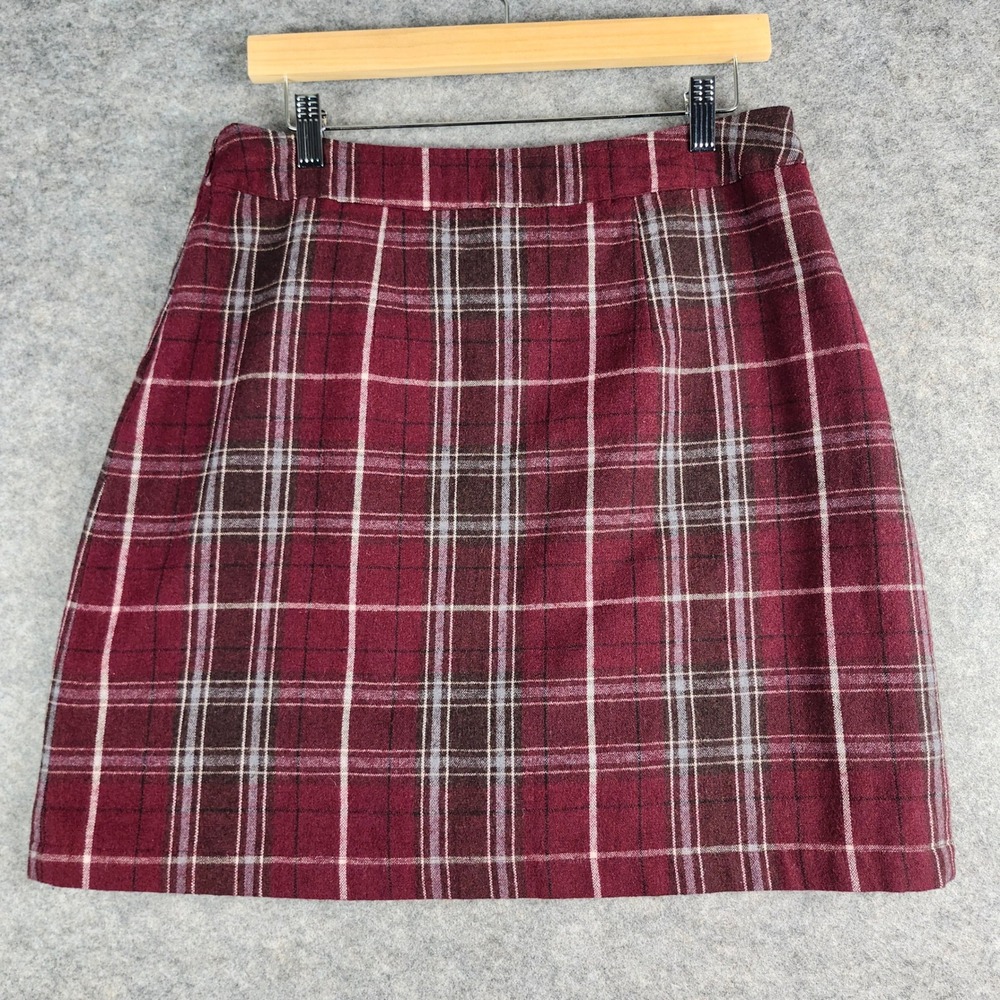 Aventura Plaid Mini Skirt Women 8 Burgundy Wool Blend Buckle Wrap A-Line - Picture 12 of 14